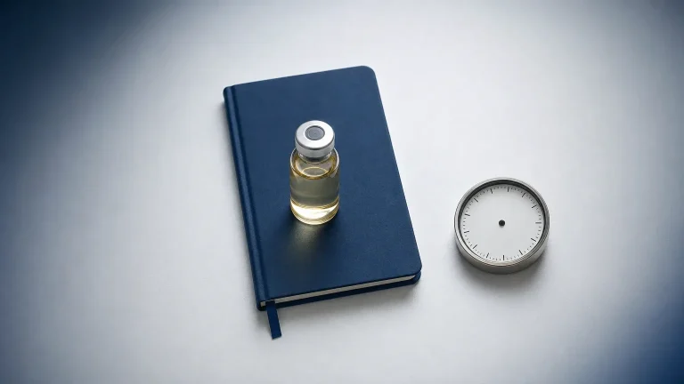 Glasfläschchen, Notizbuch und Uhr ohne Ziffern – Primobolan Kuren und Zeitplan