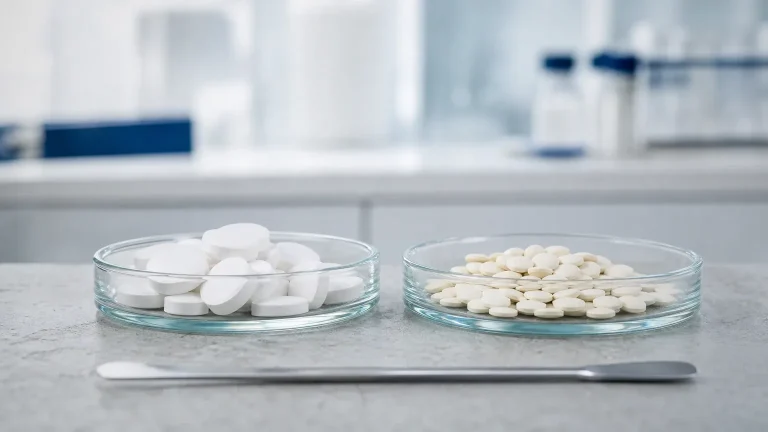 Tabletten in zwei Glasschälchen auf Stein – Primobolan vs. Anavar im Vergleich