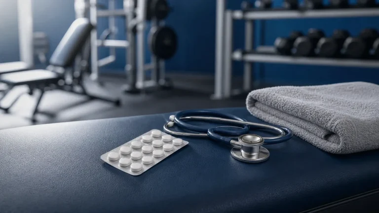 Tabletten im Blister und Stethoskop auf einer Hantelbank – Proviron in der Testosteronersatztherapie