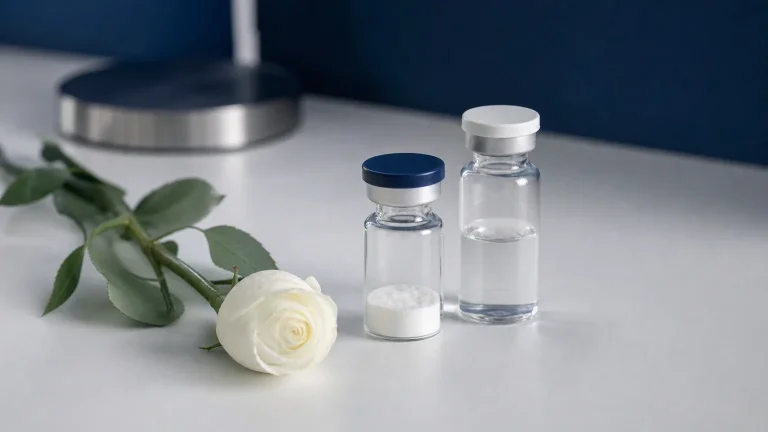 Peptid-Fläschchen mit Pulver und Wasserfläschchen neben einer weißen Rose – PT-141 Wirkung und Dosierung