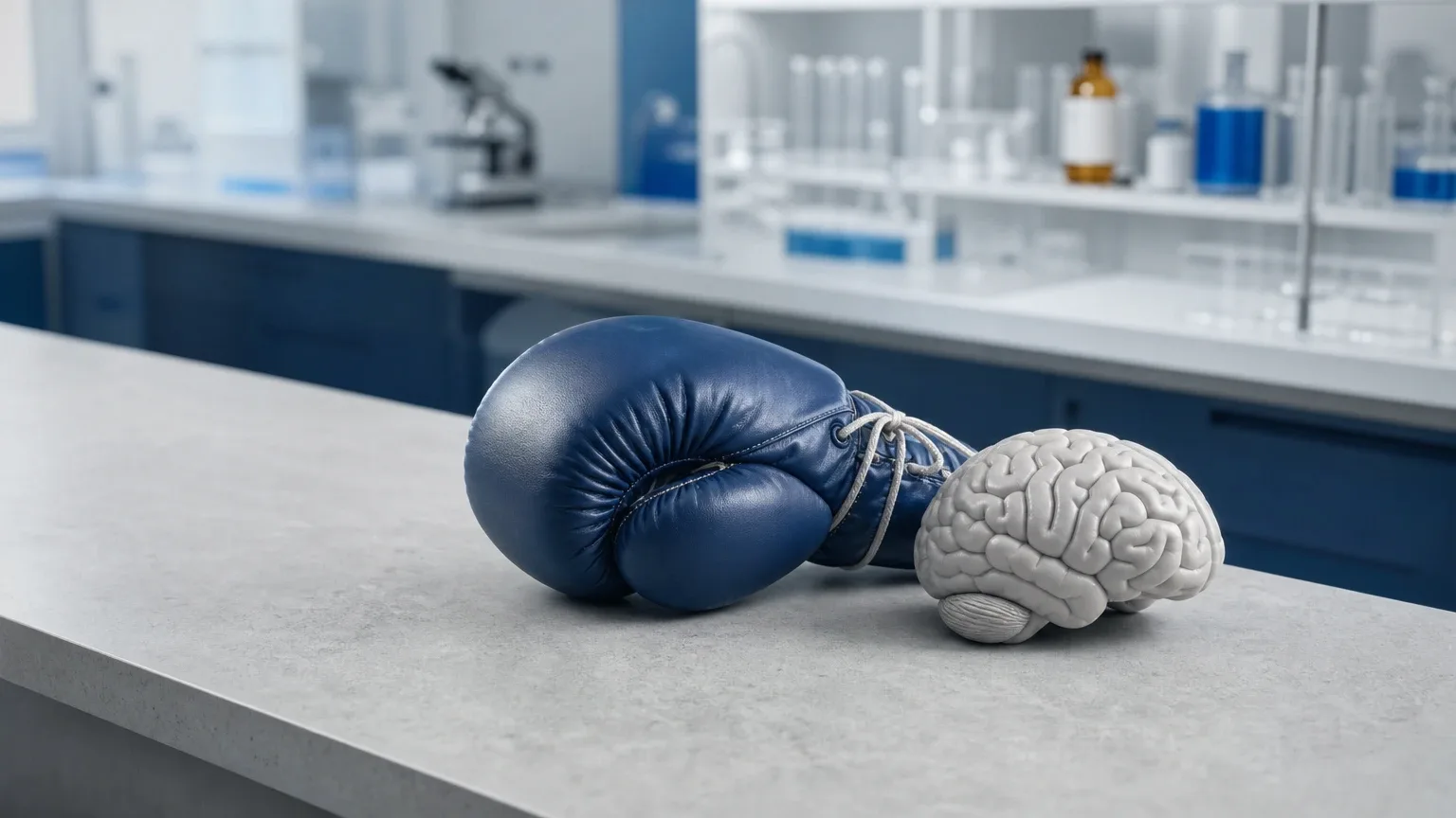 Blauer Boxhandschuh und Gehirnmodell auf grauem Stein – Roid Rage: Steroide und Aggression