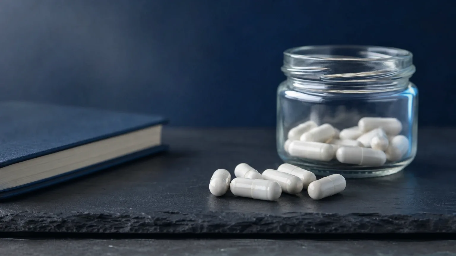 Weiße Kapseln, Glasdose und Notizbuch auf Schiefer – S-23 SARM: Wirkung, Suppression und PCT