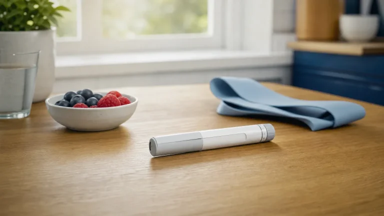 Weißer Pen-Injektor mit Fitnessband und Beeren auf einem Eichenholztisch – Semaglutid Dosierung zur Gewichtsabnahme