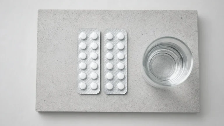 Zwei Blisterstreifen mit Tabletten und ein Glas Wasser von oben – SERMs in der PCT zur Testosteron-Erholung