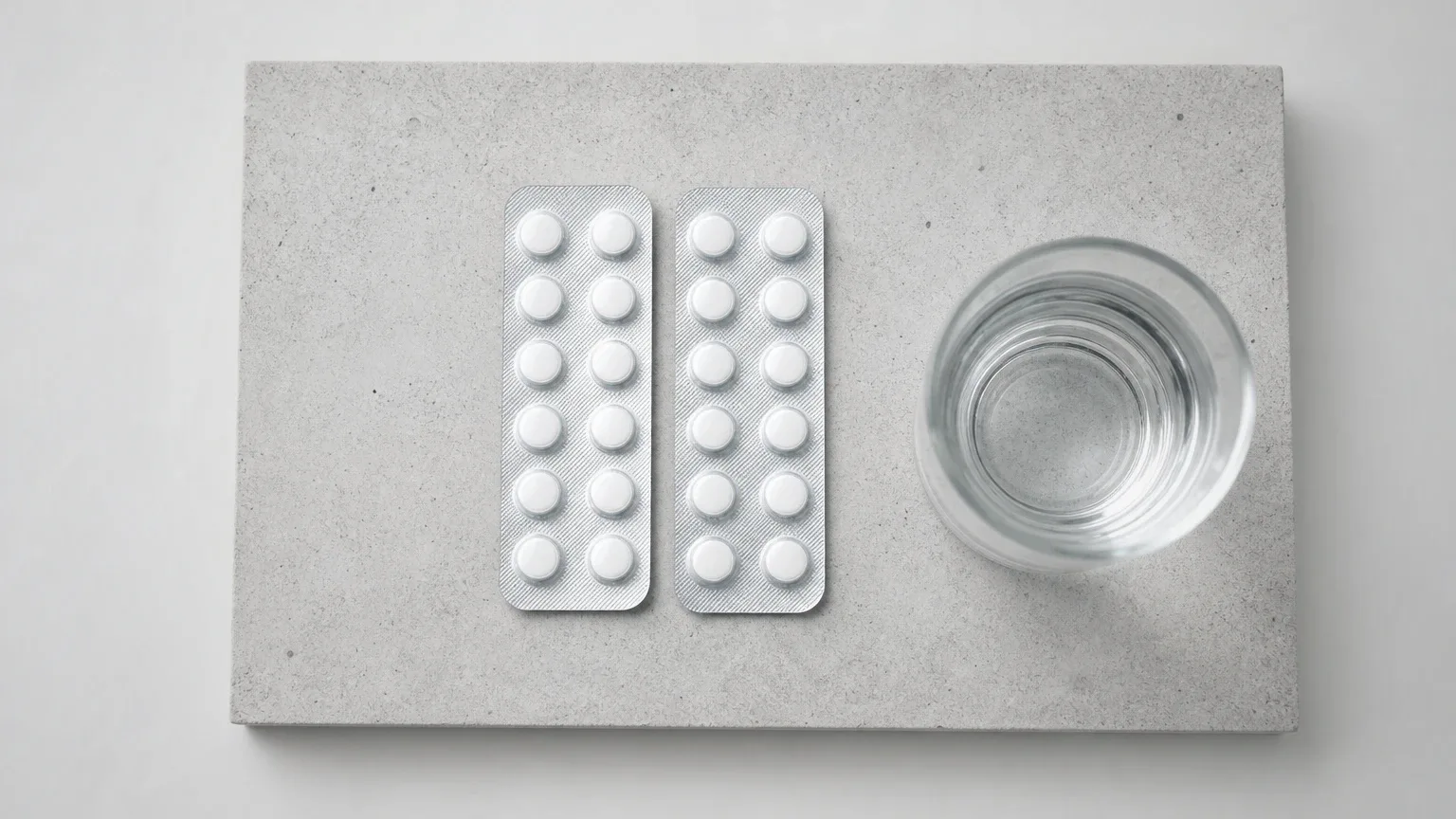 Zwei Blisterstreifen mit Tabletten und ein Glas Wasser von oben – SERMs in der PCT zur Testosteron-Erholung
