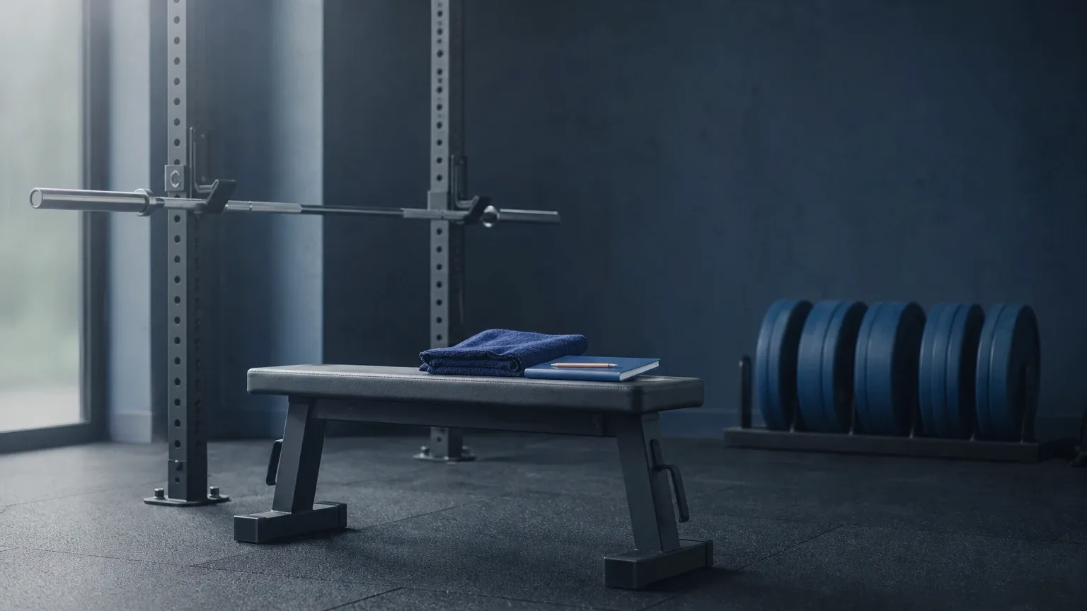 Leeres Fitnessstudio am frühen Morgen mit Hantelbank und Rack – bereit für anabole Steroide? Der Selbsttest