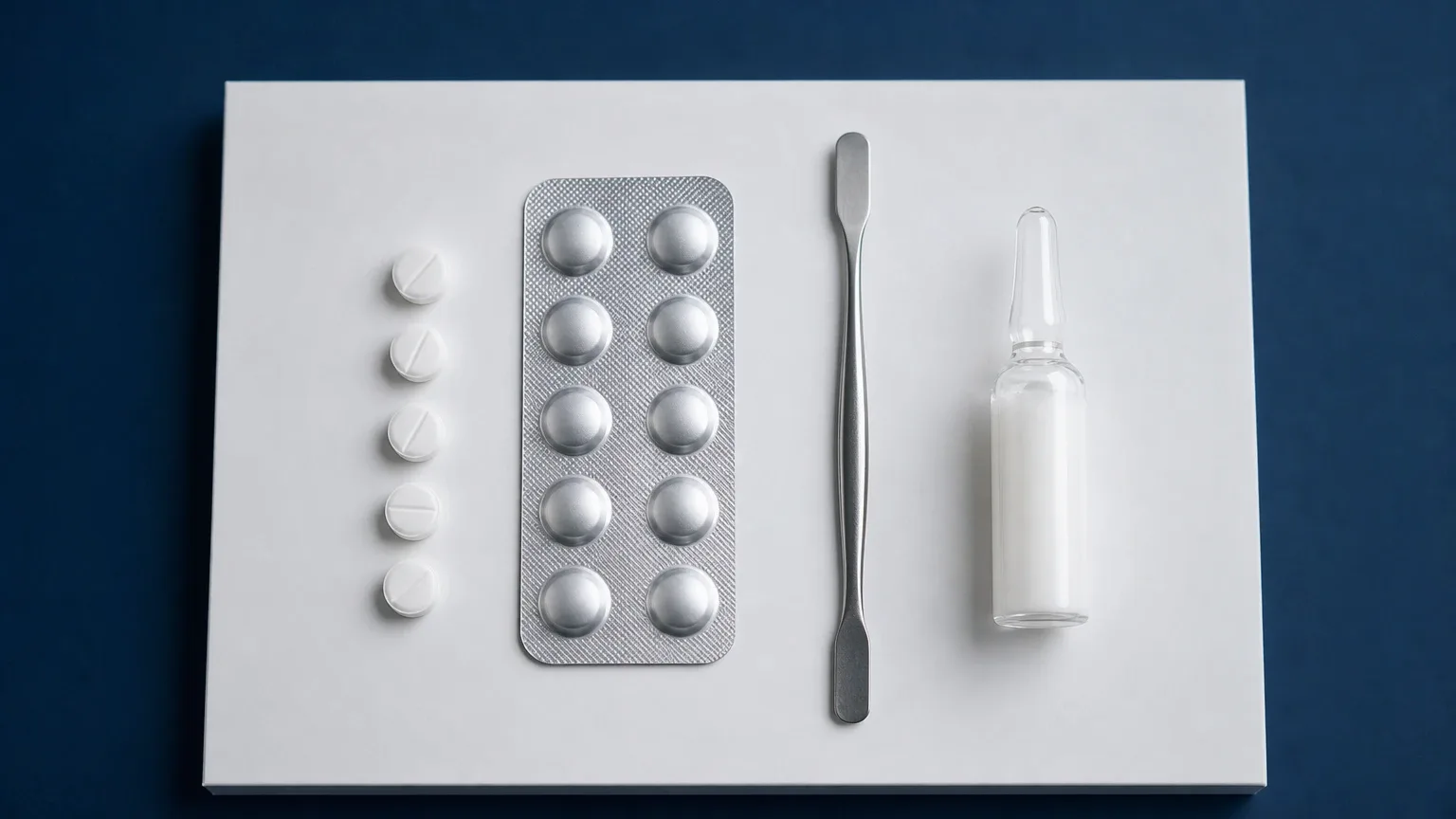 Weiße Tabletten links und eine Ampulle mit milchiger Suspension rechts – Winstrol Tabletten vs. Depot-Injektion