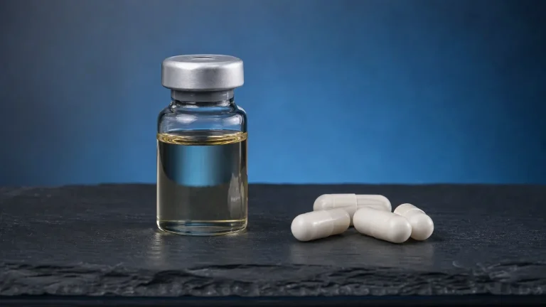 Glasfläschchen links und Kapseln rechts auf Schiefer – Steroide vs. SARMs im Vergleich