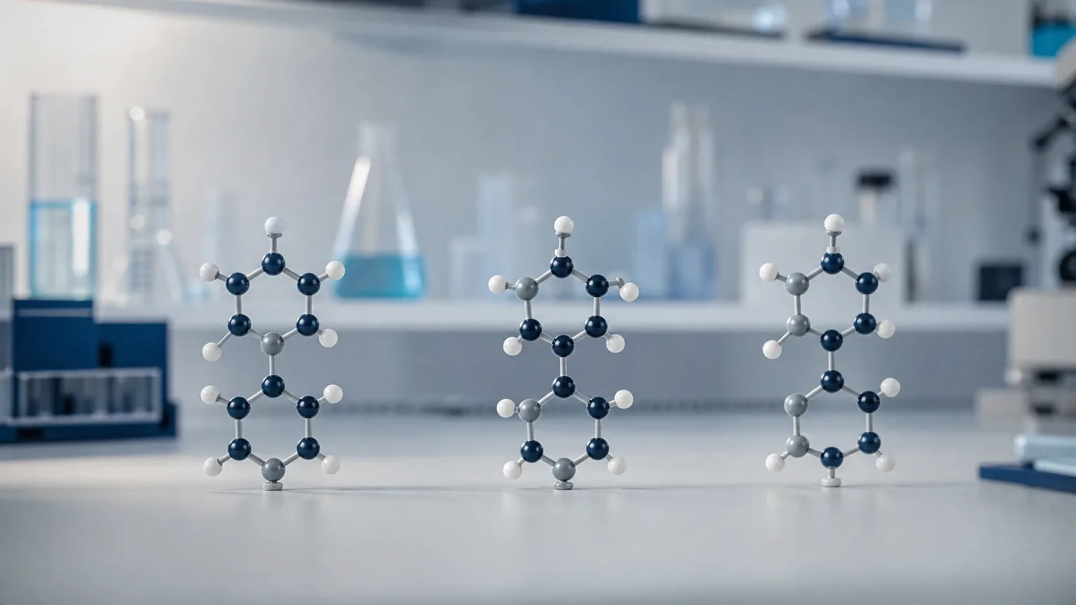 Drei Molekülmodelle nebeneinander auf einem weißen Labortisch – Steroidklassen: Testosteron-, DHT- und 19-Nor-Derivate