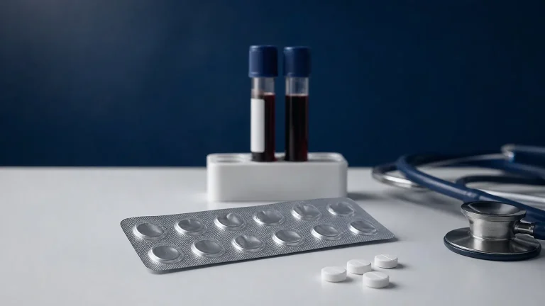 Blister mit Tabletten, Blutröhrchen und Stethoskop auf einer Laborbank – Superdrol Risiken und PCT