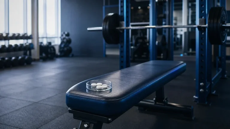 Tabletten in einer Glasschale auf einer Hantelbank im Fitnessstudio – Superdrol Wirkung auf Muskelaufbau und Kraft