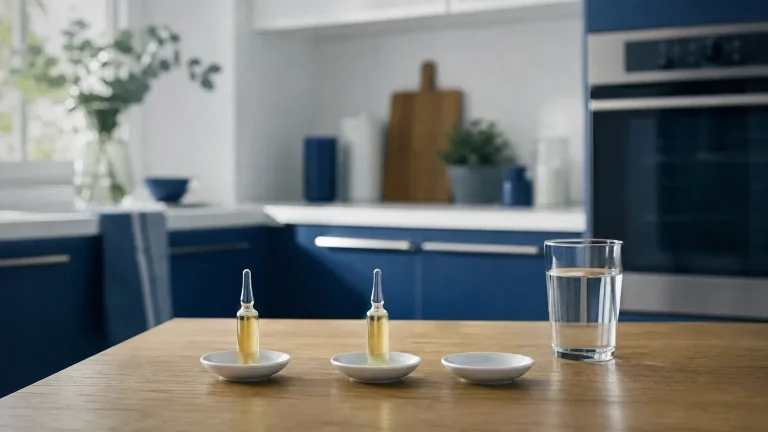 Ampullen in weißen Porzellanschälchen und Wasserglas auf einem Eichentisch – Sustanon 250 Dosierung und Kurplan