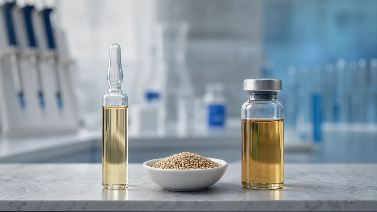 Ampulle links und Glasfläschchen rechts auf grauem Stein – Sustanon vs. Testosteron-Enantat im Vergleich