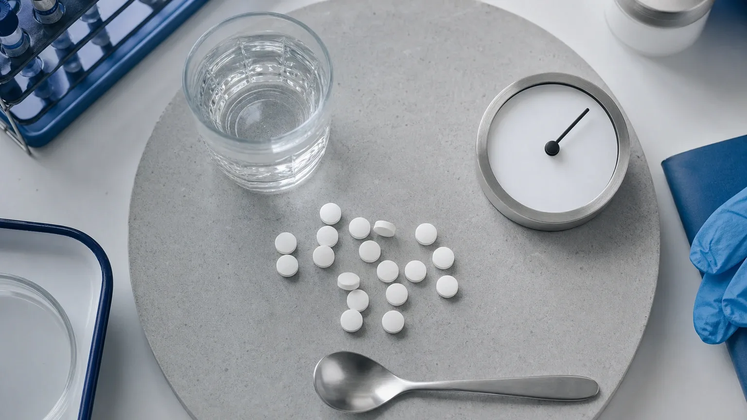 Tabletten, ein Glas Wasser und eine Uhr ohne Ziffern auf Stein – T3 Liothyronin im Bodybuilding