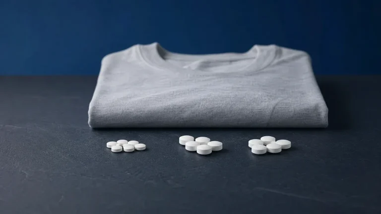 Drei Tablettengruppen und ein graues T-Shirt auf Schiefer – Tamoxifen vs. Exemestan gegen Gynäkomastie