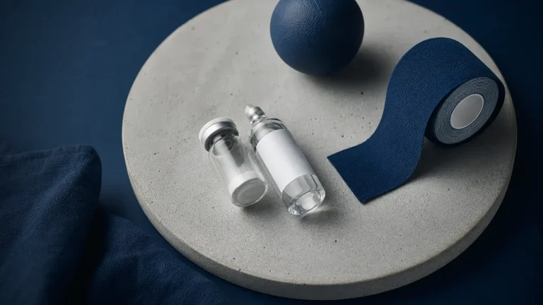 Peptid-Fläschchen mit Pulver neben Kinesio-Tape und Massageball auf grauem Beton – TB-500 Wirkung und Regeneration