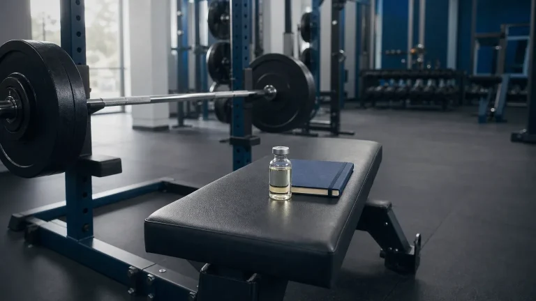 Glasfläschchen und Notizbuch auf einer Hantelbank neben einer Langhantel im Fitnessstudio – Test + Deca: 16-Wochen-Transformation