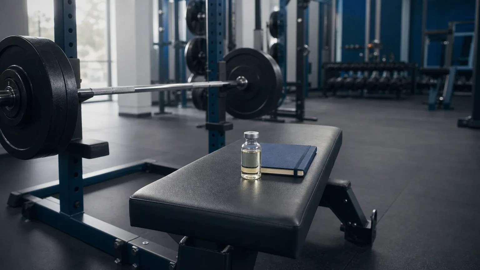 Glasfläschchen und Notizbuch auf einer Hantelbank neben einer Langhantel im Fitnessstudio – Test + Deca: 16-Wochen-Transformation