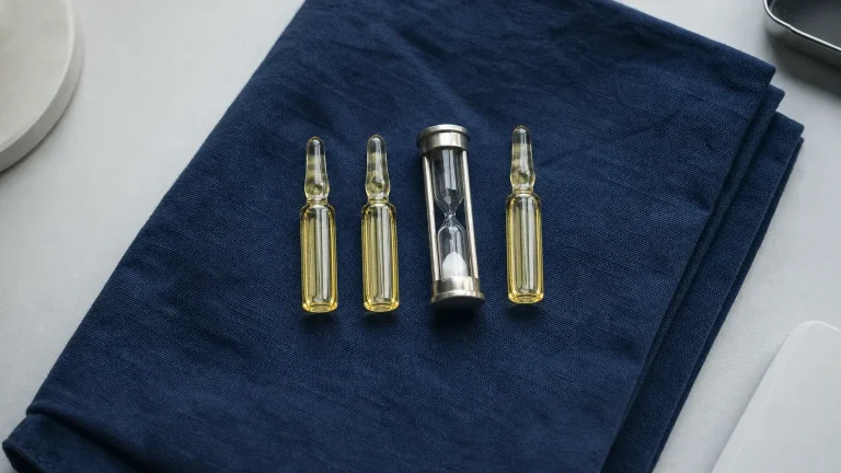 Drei Ampullen mit goldgelbem Öl und eine Sanduhr auf Leinen – Testosteron-Ester Vergleich und Halbwertszeit