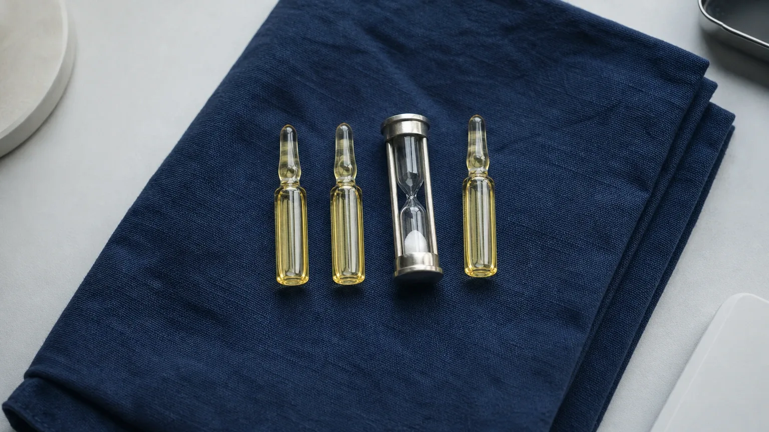 Drei Ampullen mit goldgelbem Öl und eine Sanduhr auf Leinen – Testosteron-Ester Vergleich und Halbwertszeit