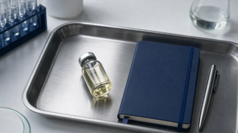 Glasfläschchen und geschlossenes Notizbuch auf Stahltablett – Testosteron-Enantat Dosierung und 12-Wochen-Zyklus