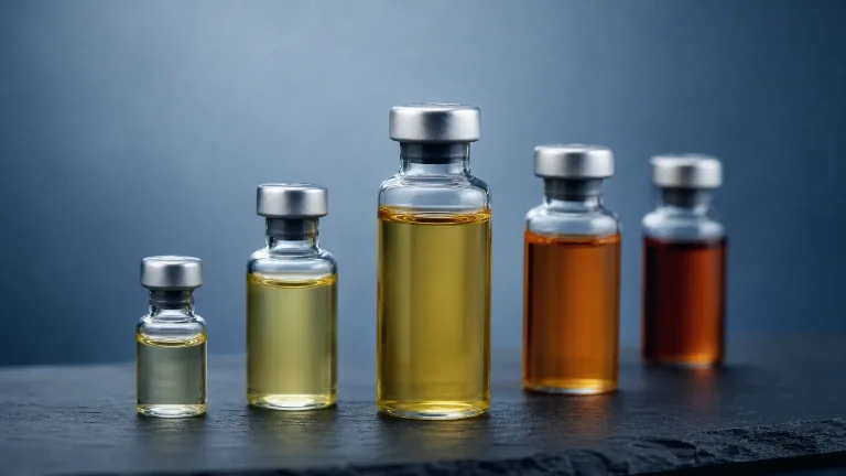 Fünf Glasfläschchen unterschiedlicher Größe im Bogen auf Schiefer – Testosteron-Ester im Vergleich