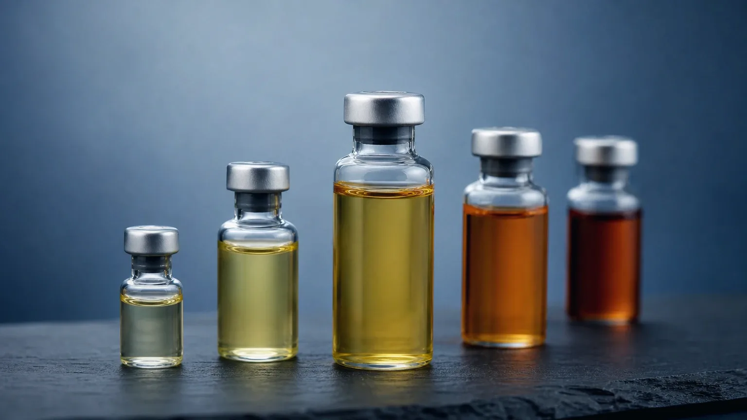 Fünf Glasfläschchen unterschiedlicher Größe im Bogen auf Schiefer – Testosteron-Ester im Vergleich
