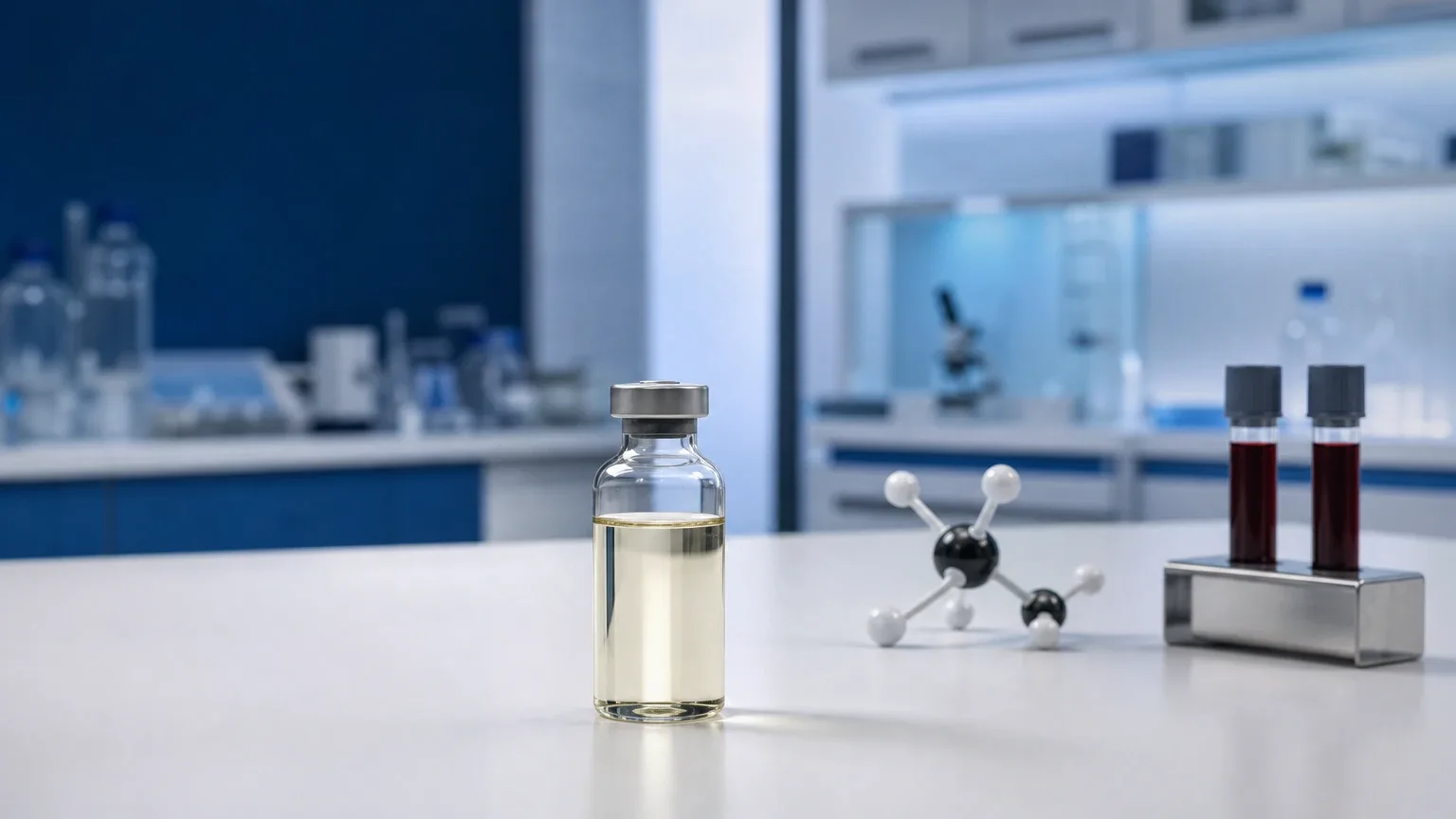 Glasfläschchen mit Öl neben einem Molekülmodell im Labor – Testosteron Wirkung und Mechanismus