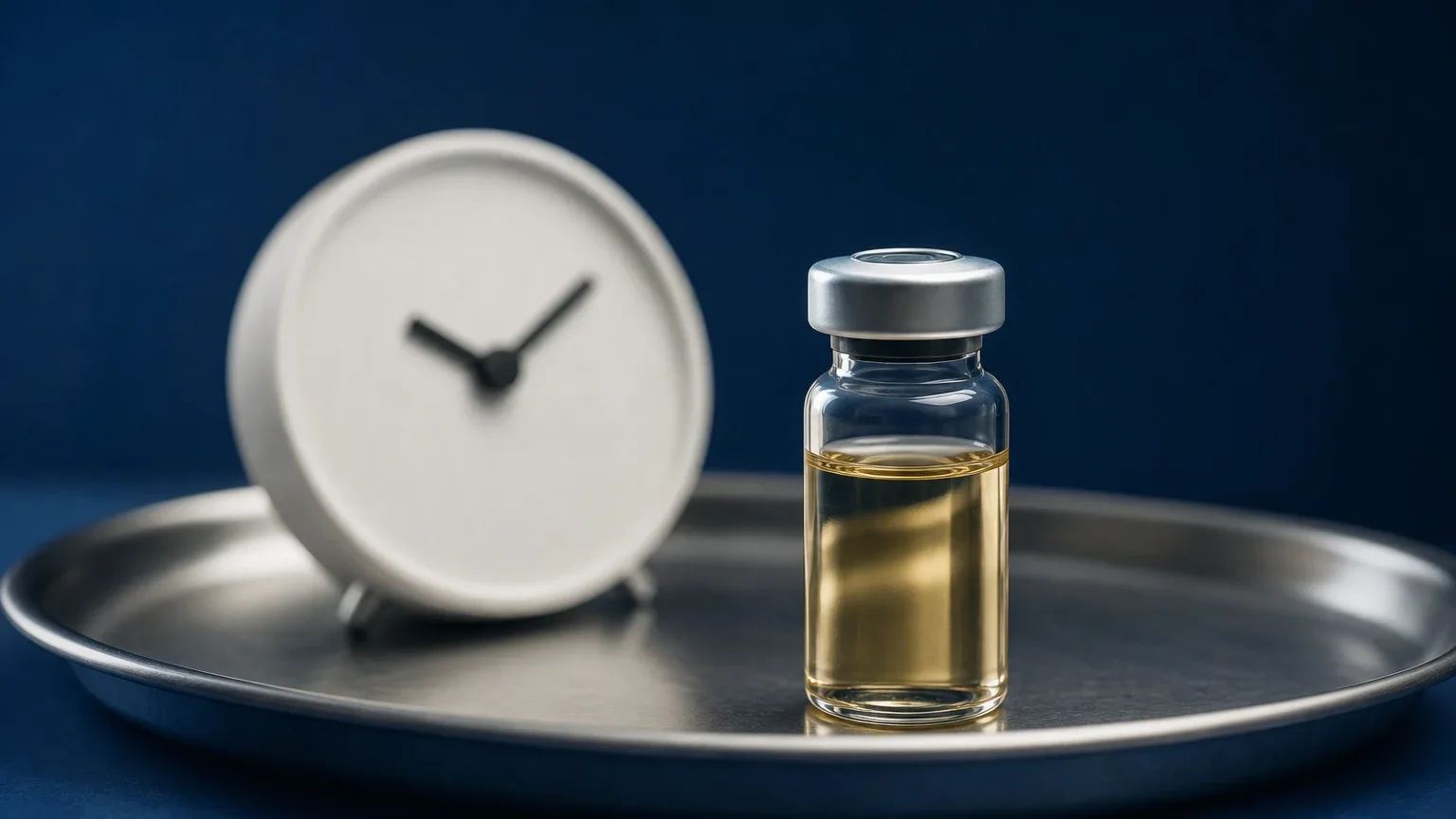 Glasfläschchen auf einem Stahltablett vor einer Uhr ohne Ziffern – Testosteron-Propionat Dosierung im EOD-Plan
