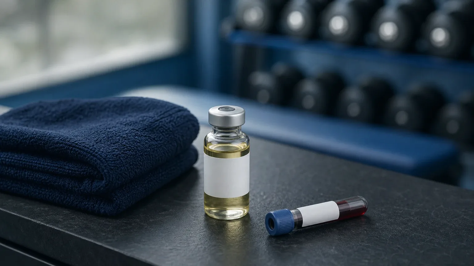 Glasfläschchen mit Öl, Handtuch und Blutröhrchen auf Schiefer im Fitnessstudio – Sustanon: Vorteile, Nebenwirkungen, Dosierung