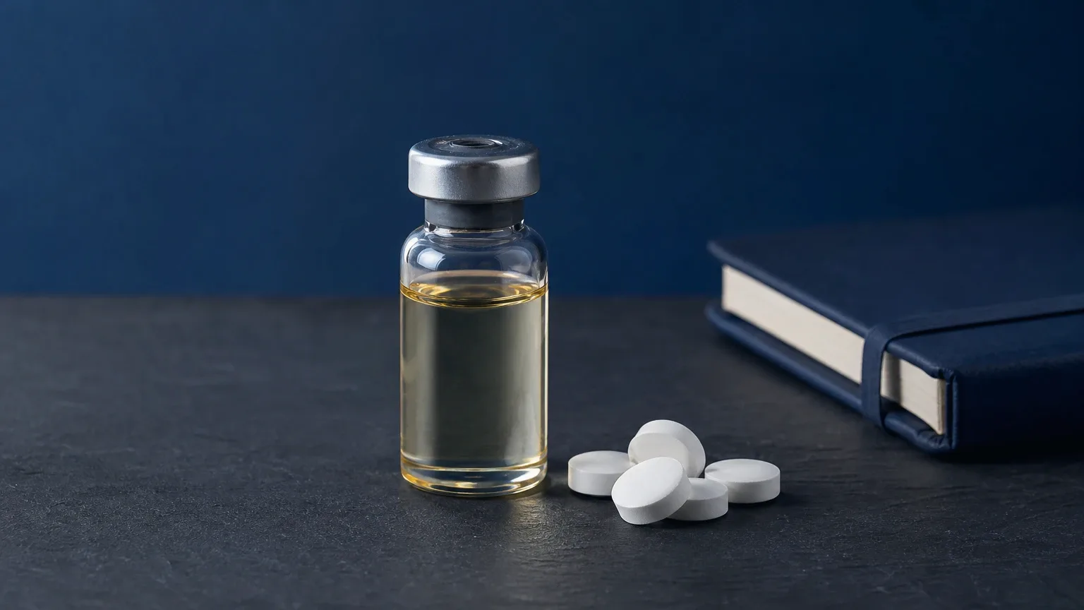 Glasfläschchen neben Tabletten und Notizbuch auf Schiefer – Kur mit Testosteron und Anavar