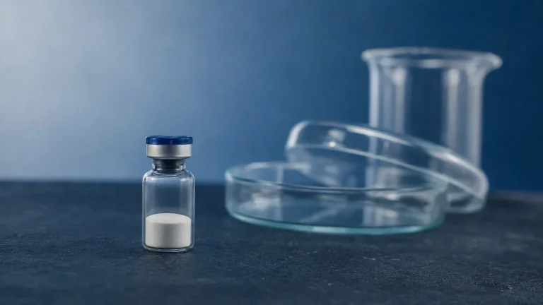 Peptid-Fläschchen mit Pulver, Petrischale und Becherglas auf Schiefer – Thymosin Alpha-1 Wirkung