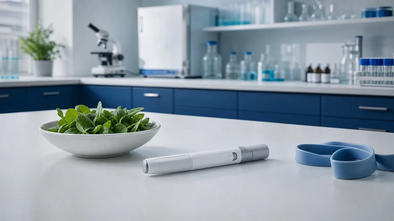 Pen-Injektor, Salatschale und Widerstandsband auf einer Laborbank – Tirzepatid: Wirkung, Dosierung und Semaglutid
