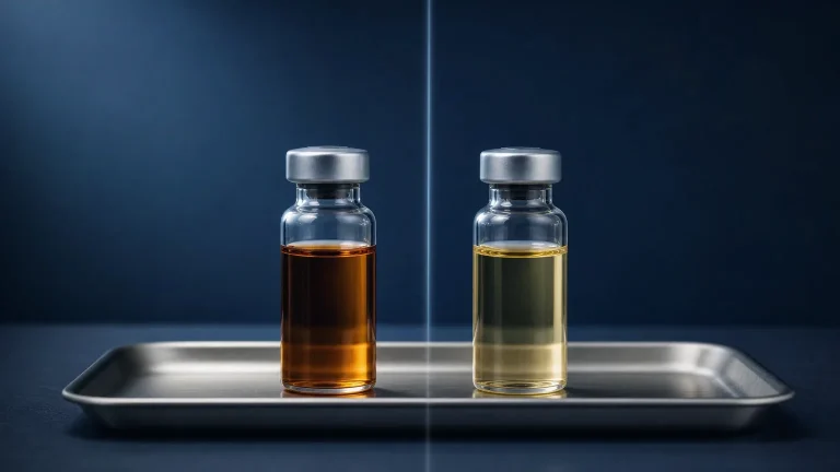 Zwei Glasfläschchen mit dunklem und hellem Öl symmetrisch auf einem Stahltablett – Vergleich Trenbolon vs. Deca Durabolin