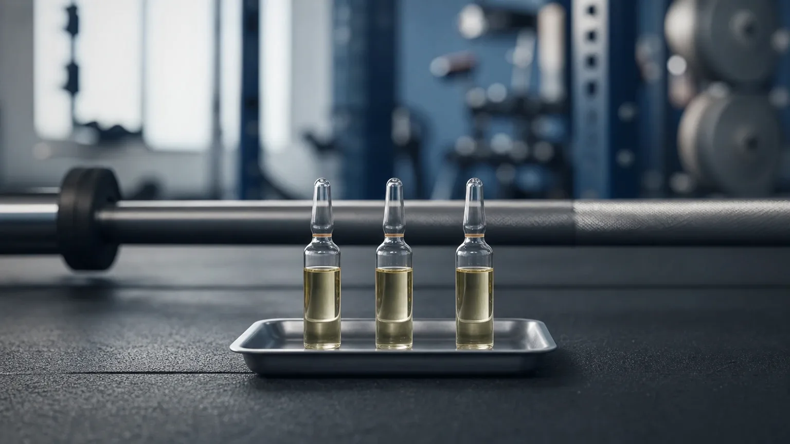Drei Ampullen auf einem Stahltablett im Fitnessstudio – Trenbolon Wirkung von Acetat, Enanthat und Parabolan