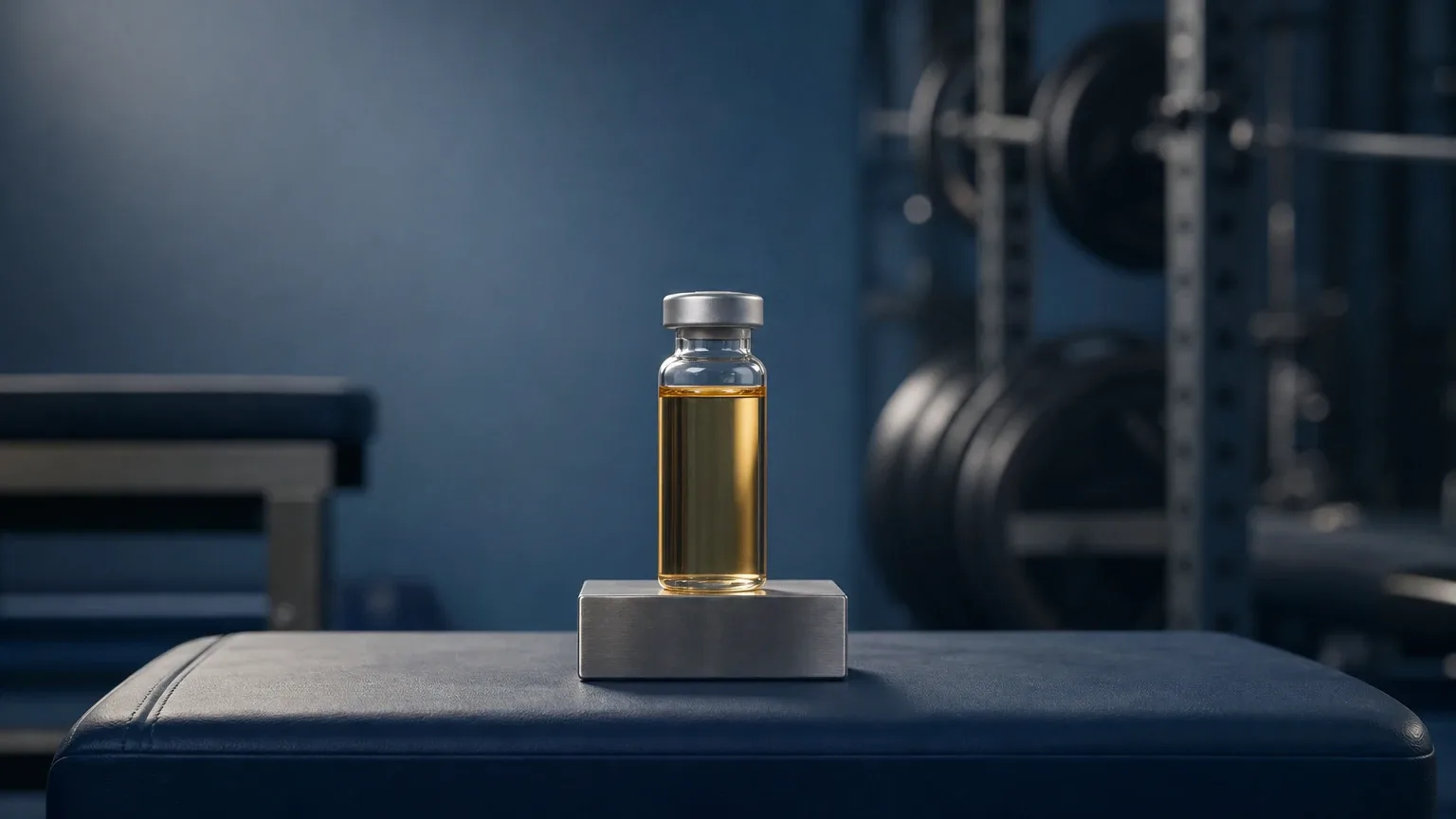 Einzelnes Glasfläschchen auf einem Stahlblock auf einer Hantelbank im Fitnessstudio – Trestolon (MENT) Wirkung