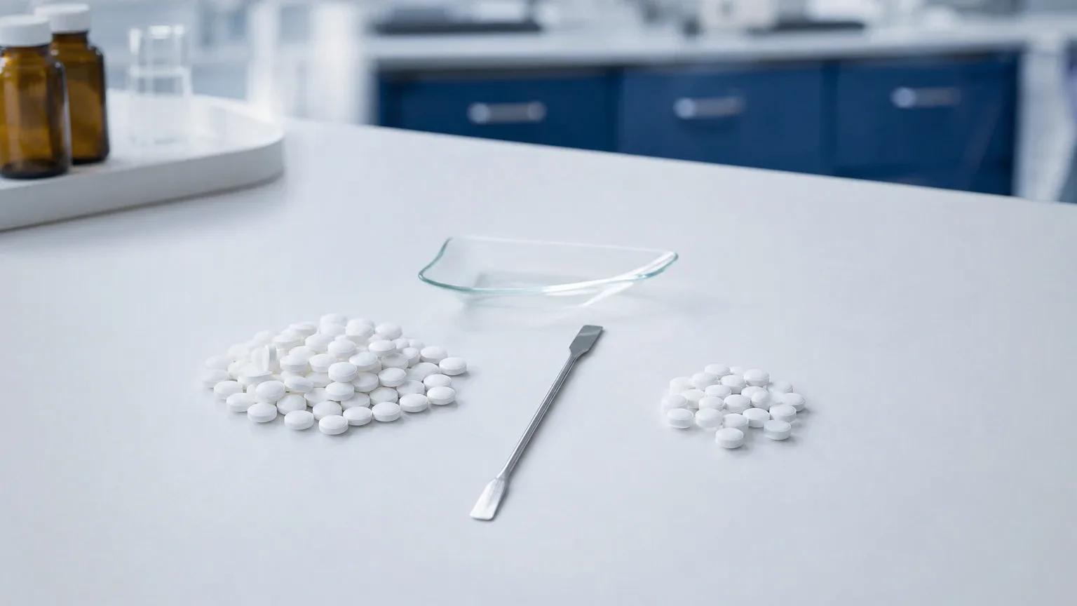 Zwei Tablettenhäufchen mit Spatel auf dem Labortisch – Turinabol vs. Anavar im Vergleich