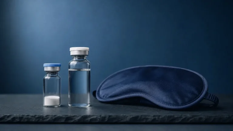 Peptid-Fläschchen mit Pulver, Wasserfläschchen und Schlafmaske auf Schiefer – Wachstumshormone (HGH) und Steroid-Kur