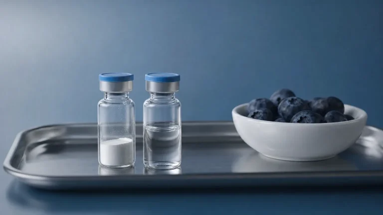 Peptid-Fläschchen mit Pulver, Wasserfläschchen und Beeren – zusammengesetztes Semaglutid erklärt