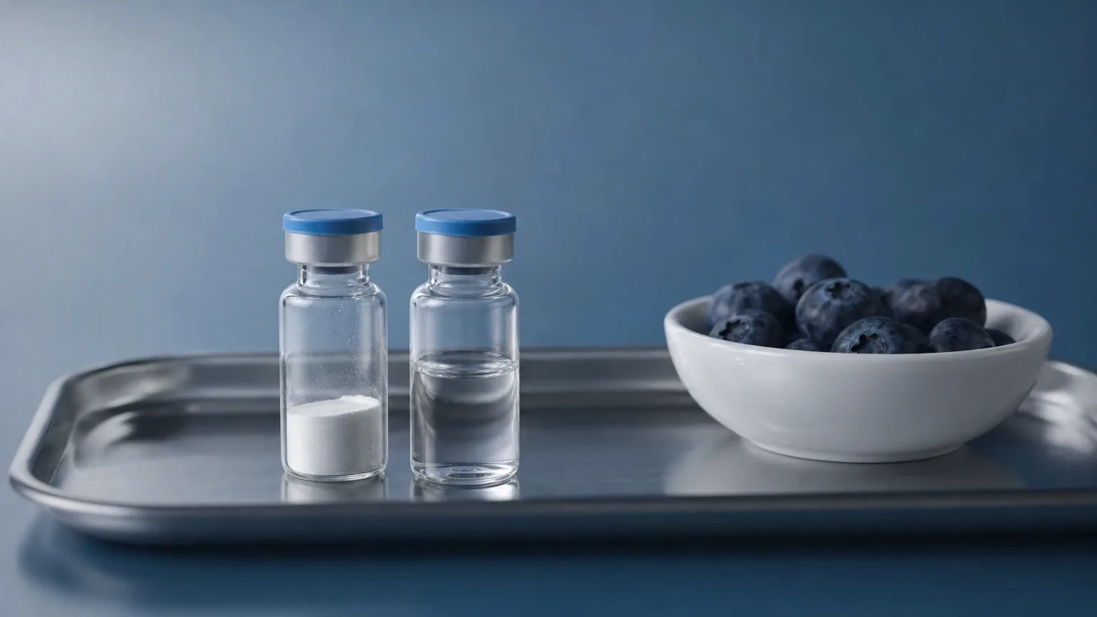 Peptid-Fläschchen mit Pulver, Wasserfläschchen und Beeren – zusammengesetztes Semaglutid erklärt