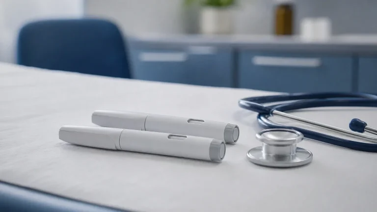 Zwei Pen-Injektoren und ein Stethoskop auf dem Arzttisch – zu viel Semaglutid und die Folgen