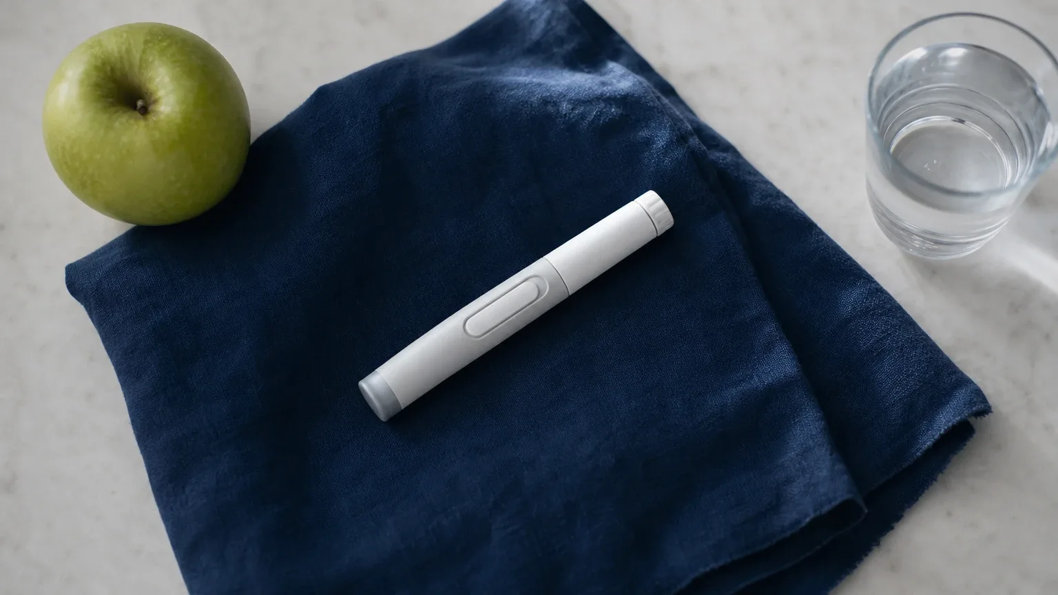 Pen-Injektor mit Apfel und Wasserglas auf Leinen – GLP-1-Rezeptor-Agonisten und ihre Wirkung