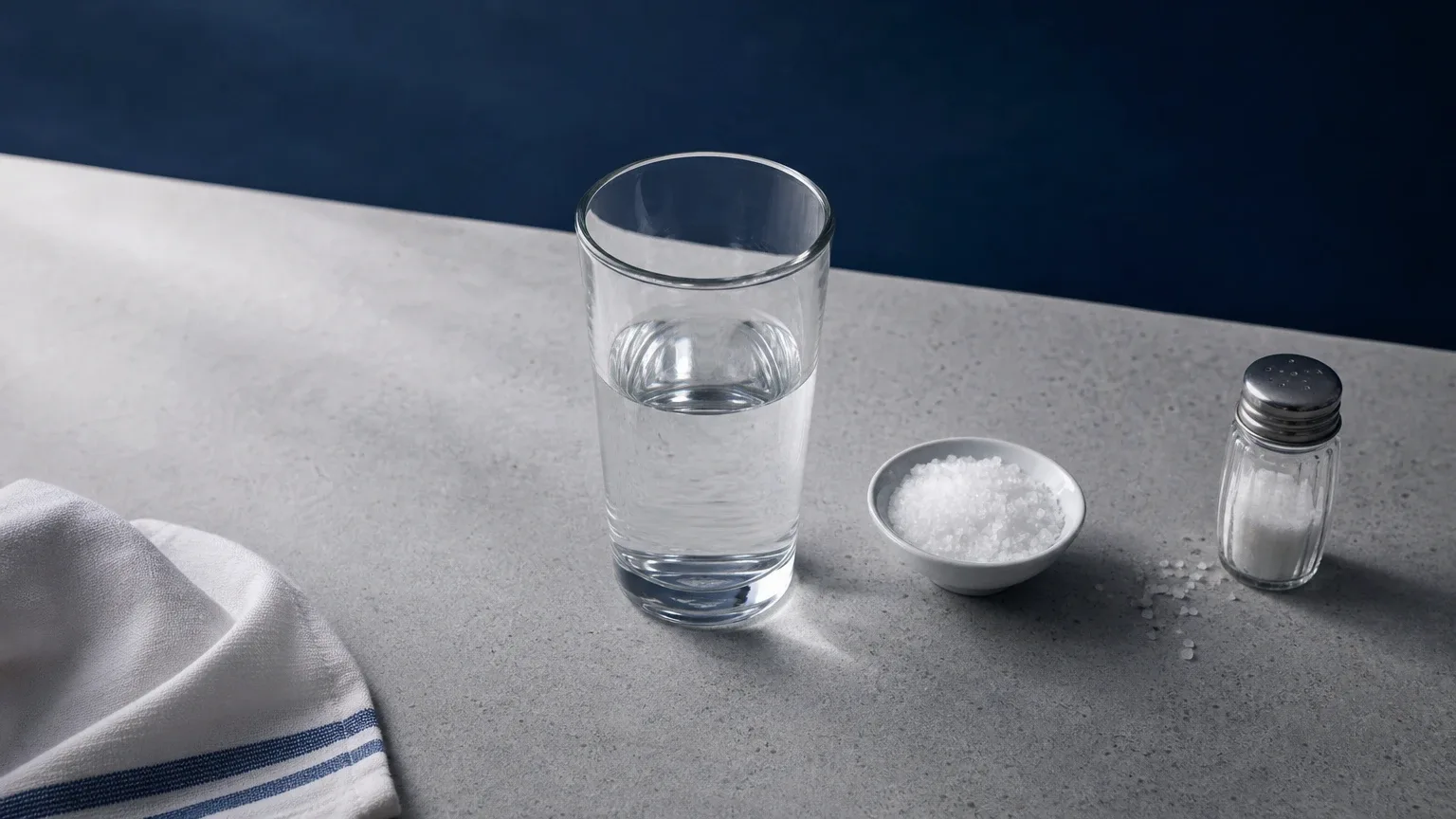 Wasserglas, Salzschale und Salzstreuer auf grauem Beton – Wassereinlagerungen bei Steroiden: Ursachen und Gegenmaßnahmen