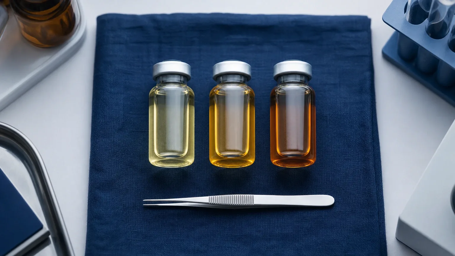Drei Glasfläschchen mit unterschiedlich getöntem Öl auf dunkelblauem Leinen – Trenbolon-Ester im Vergleich: welches Trenbolon passt?
