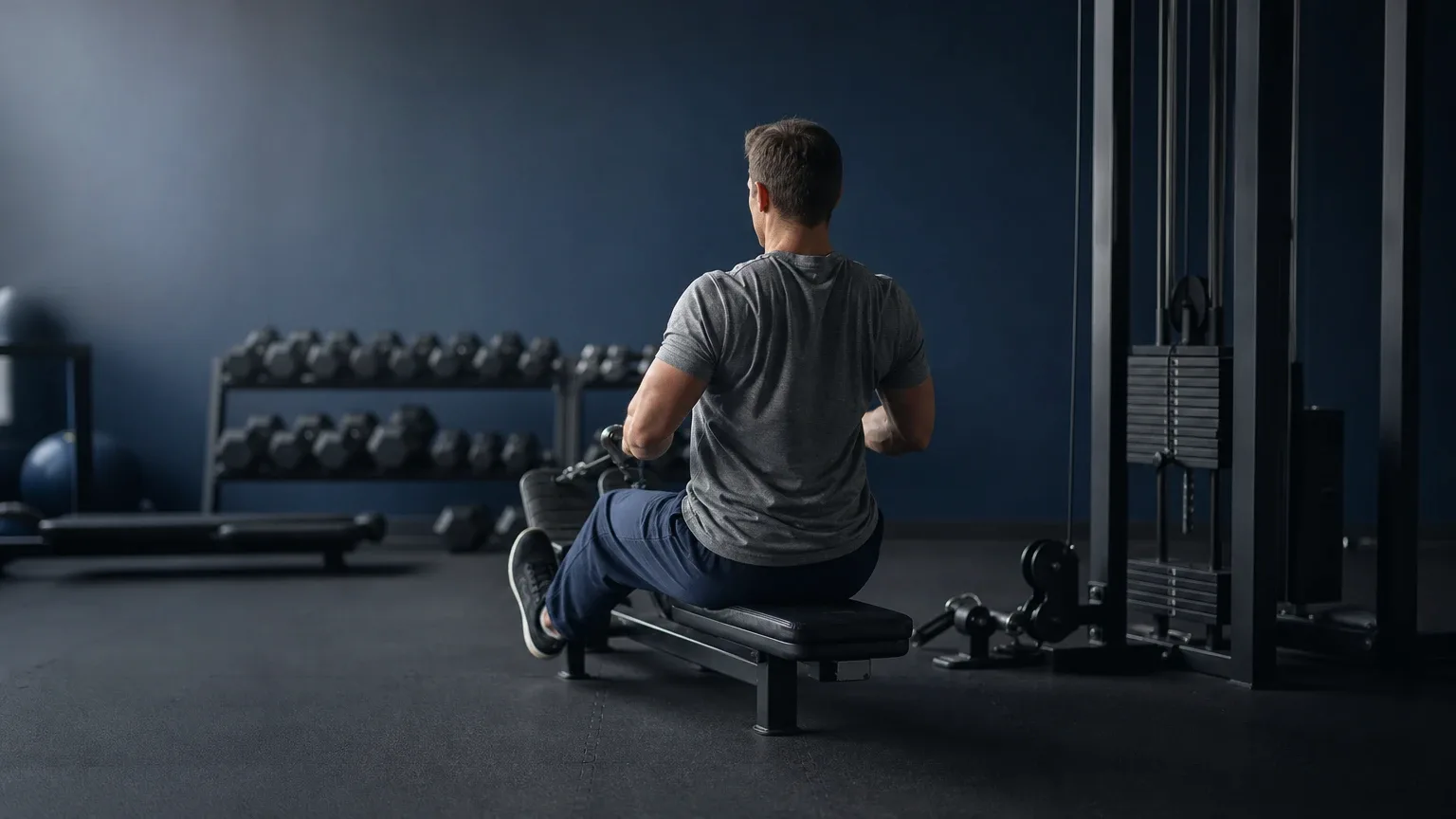 Mann am Kabelzug beim Rudern in einem ruhigen Fitnessstudio – Wie man Muskeln aufbaut