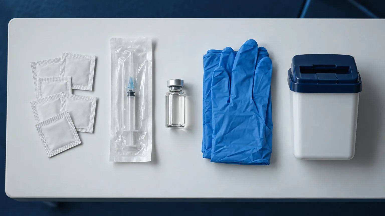 Sterile Utensilien in versiegelten Verpackungen ordentlich auf weißem Tablett – Anleitung zum richtigen Steroide spritzen