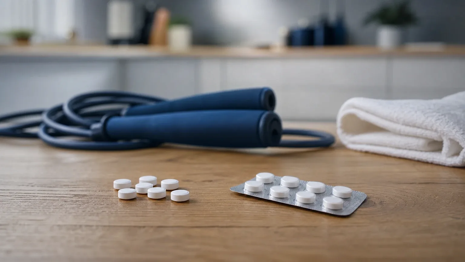 Zwei Tablettengruppen und ein Springseil auf Eichenholz – Winstrol und Clenbuterol als Stack