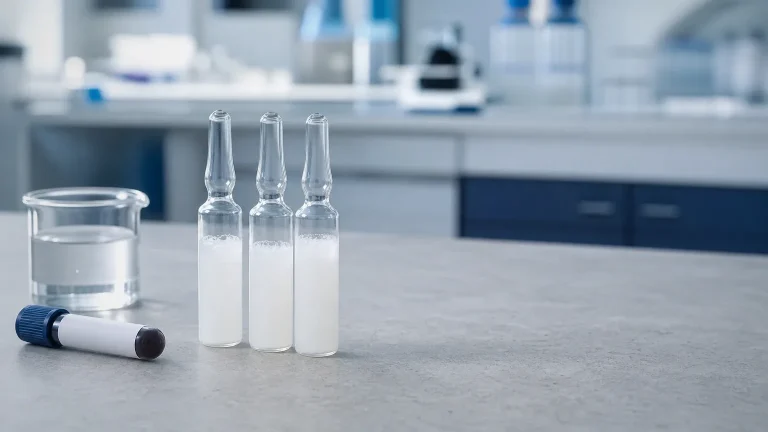 Ampullen mit milchig-weißer Suspension auf Beton – Winstrol Depot, injizierbares Stanozolol