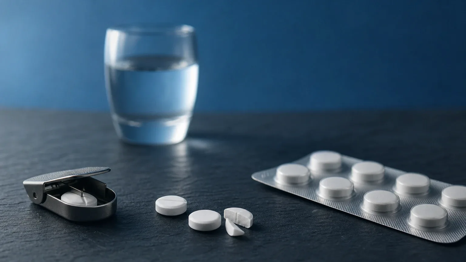 Weiße Tabletten, Blisterstreifen und Tablettenteiler auf Schiefer – Winstrol Dosierung und Kur-Plan