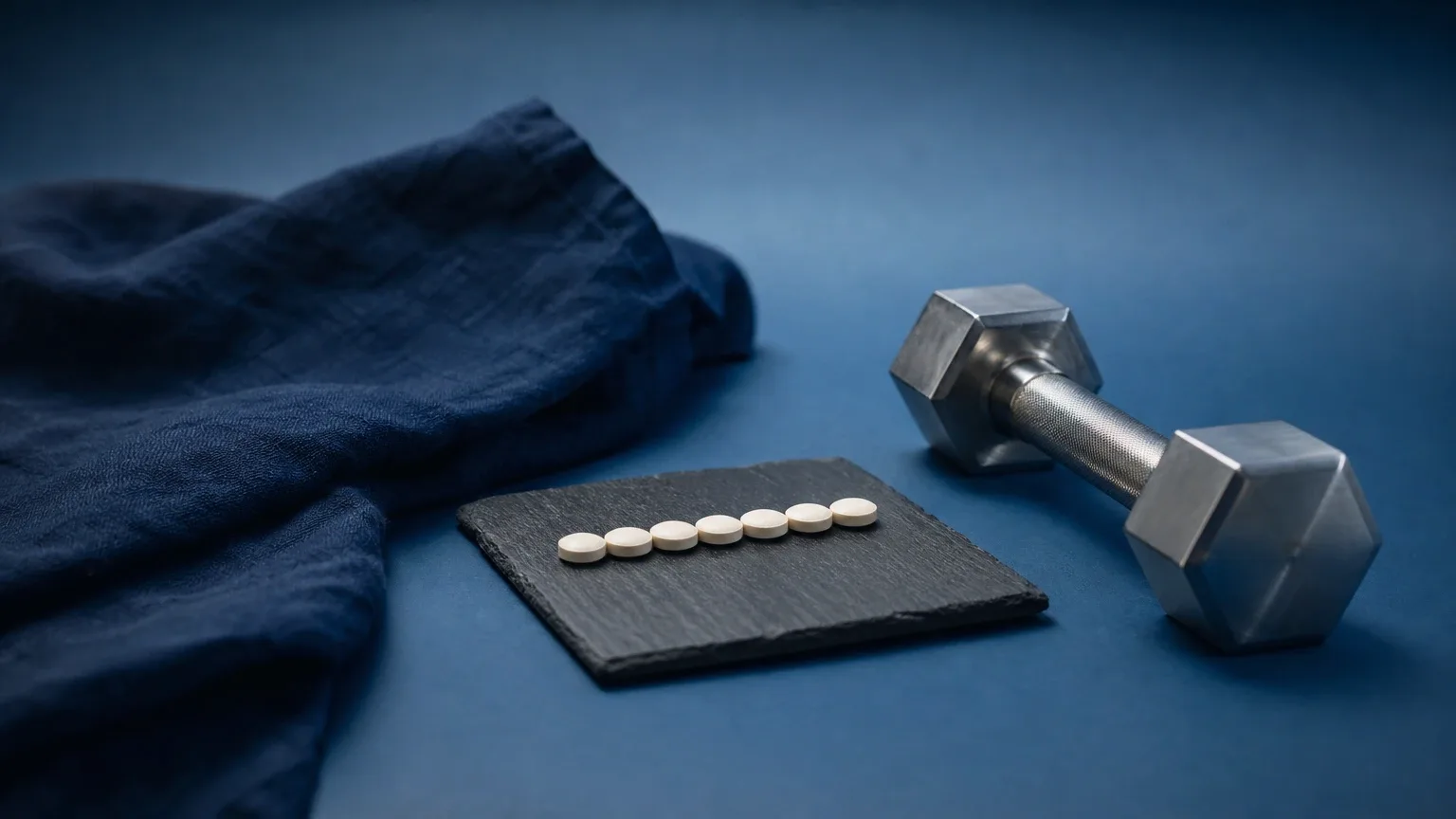 Tabletten auf Schieferuntersetzer neben kleiner Kurzhantel – Winstrol Wirkung auf Definition und Muskulatur